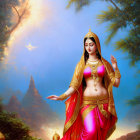 Mythical figure in traditional attire with celestial being in lush landscape