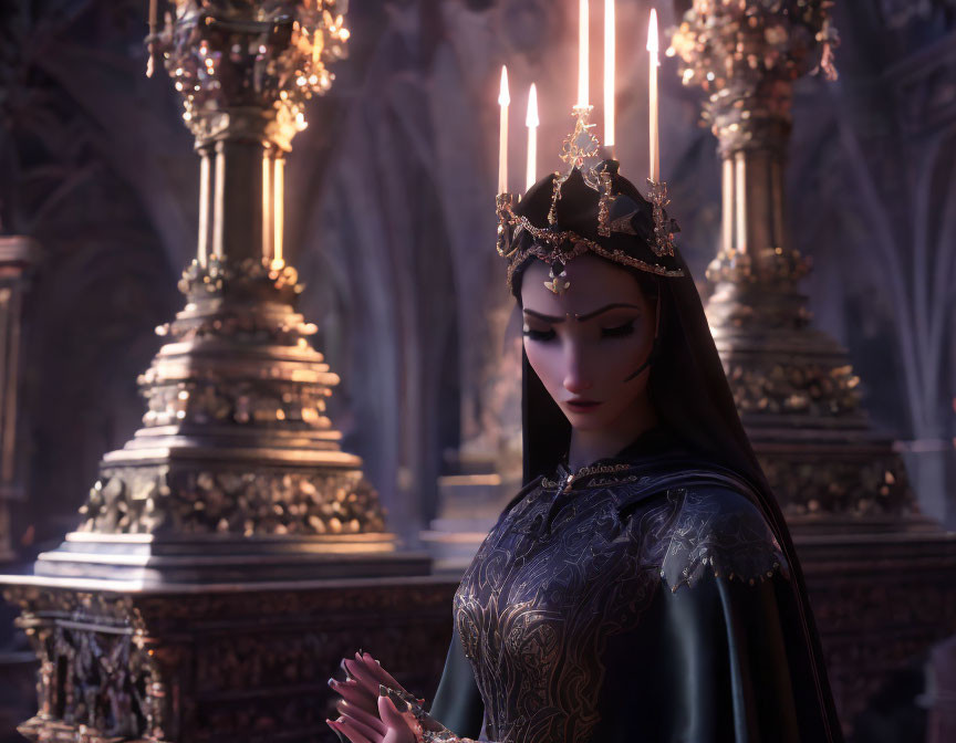 Animated regal figure with crown and candles in ornate cathedral