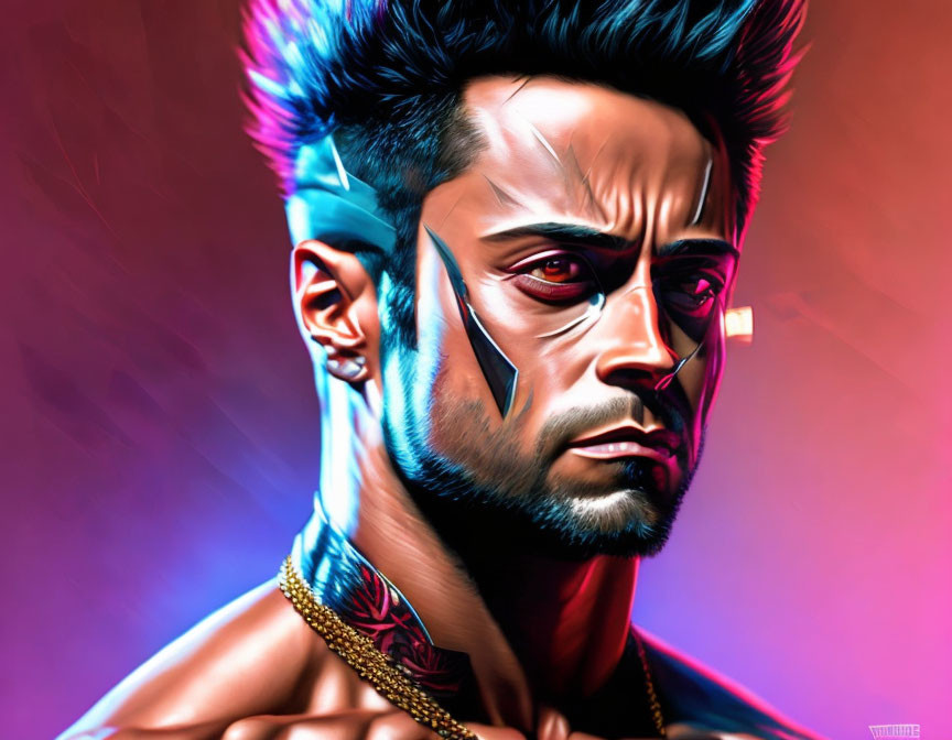 Colorful digital portrait of man with cybernetic face, mohawk, beard, tattoos on