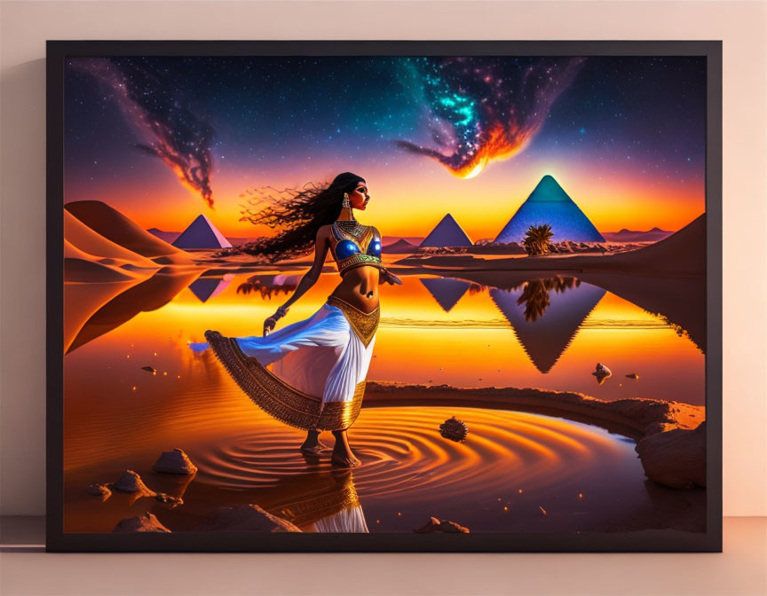 Digital artwork of woman dancing by reflective lake with pyramids and surreal starry sky.