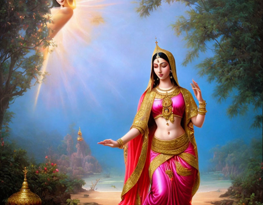 Mythical figure in traditional attire with celestial being in lush landscape