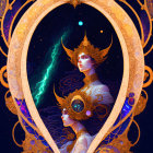 Ethereal women with golden hair in crescent moon frame on starry sky