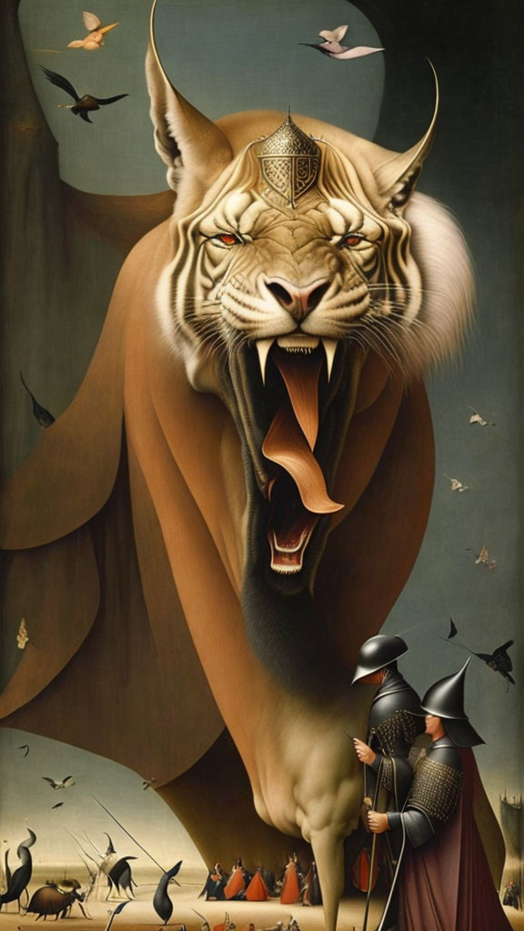 Surreal painting of lion-headed figure roaring over landscape