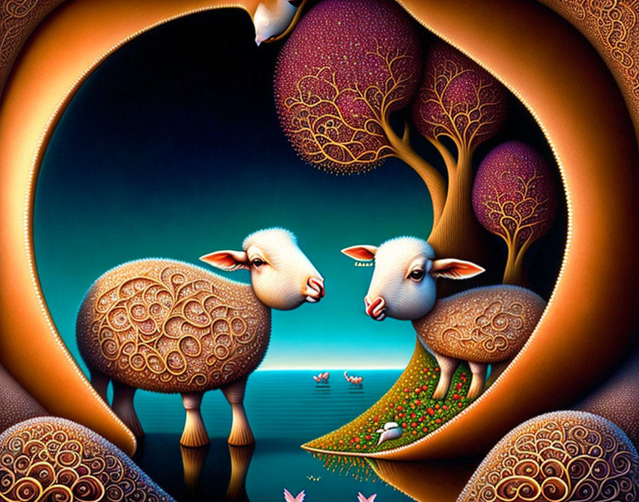 Stylized sheep with intricate patterns under whimsical trees on vibrant blue backdrop