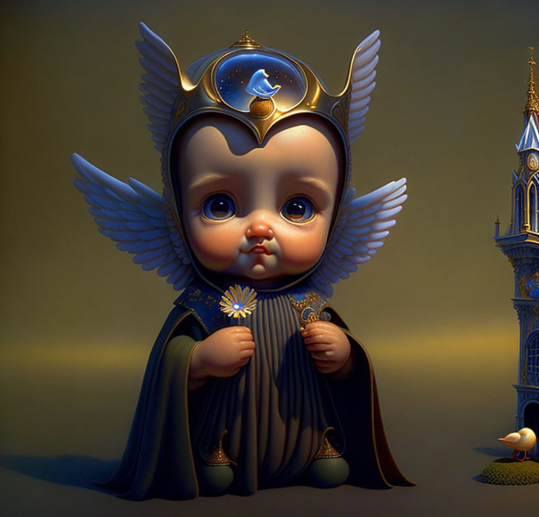 Illustrated baby with angel wings in regal attire next to castle tower at dusk