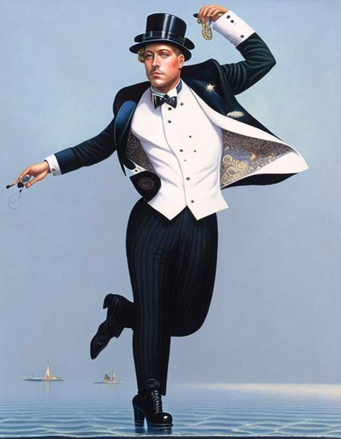 Surrealist painting of dapper gentleman with pocket watch and ships