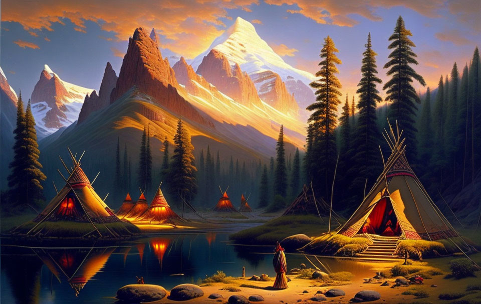 Tranquil lake, tepees, pine trees, snow-capped mountains at sunset