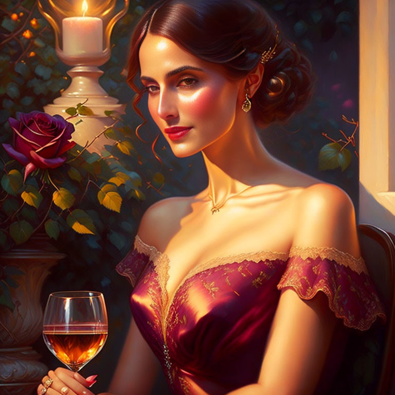 Elegant woman in red dress with wine glass by window and rose