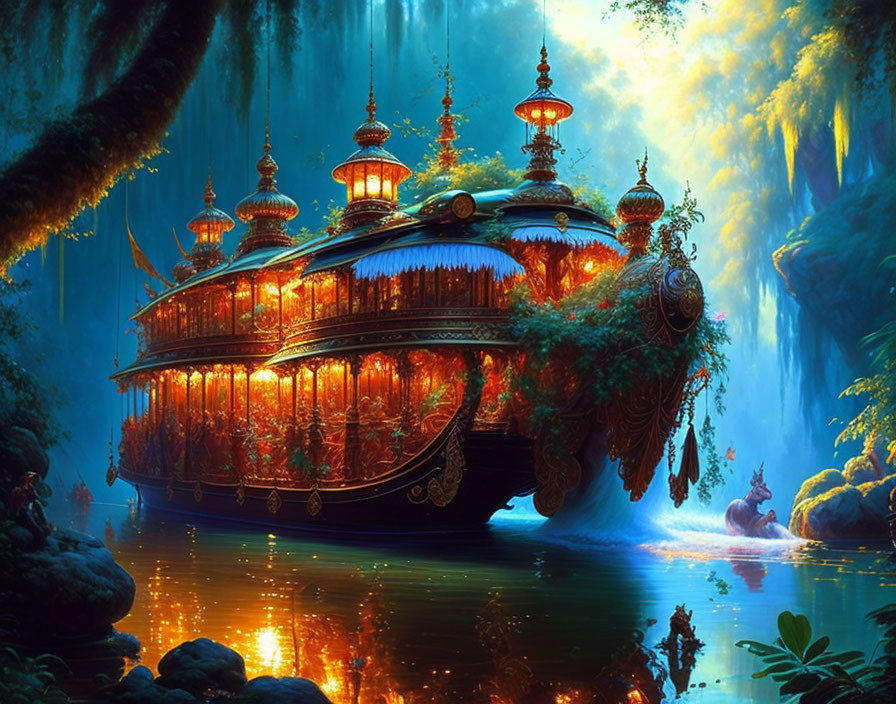 Ornate floating palace in mystical forest with glowing windows