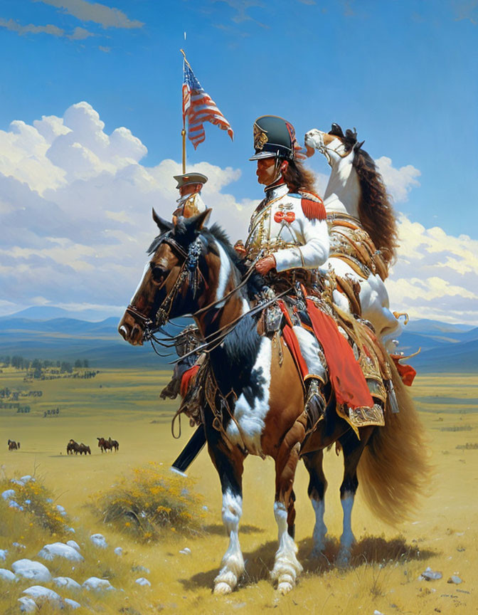 Military officer on horseback holding flag in scenic landscape.