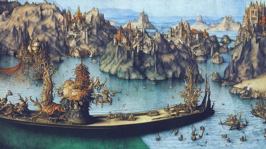 Medieval landscape with ship, buildings, and mythical creatures in surreal sea.