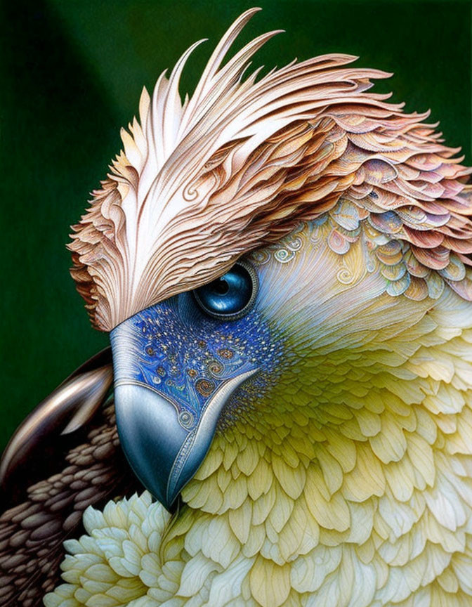 Detailed Parrot Illustration with Feathered Crest and Brown, Gold, Blue Plumage