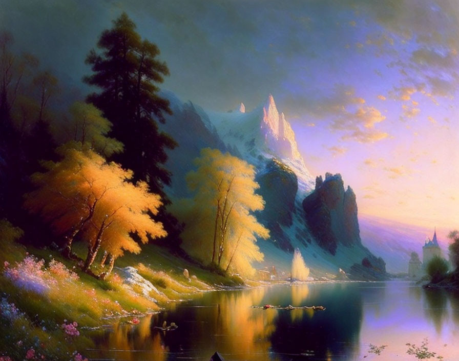 Autumn trees, castle, mountains in serene lake scene