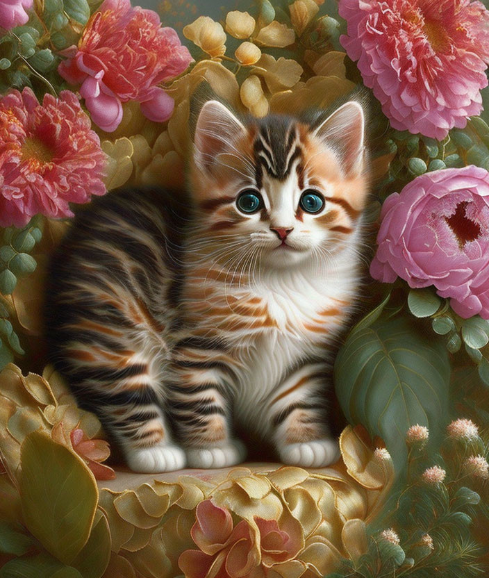 Tabby kitten with blue eyes among pink and yellow flowers