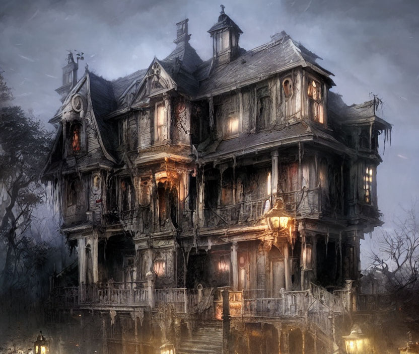 Eerie Victorian house in fog with haunting ambiance