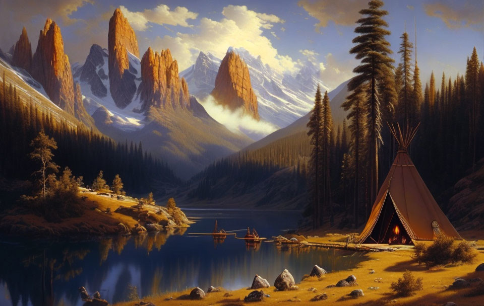 Mountain lake with tipi, canoes & orange peaks at dawn or dusk