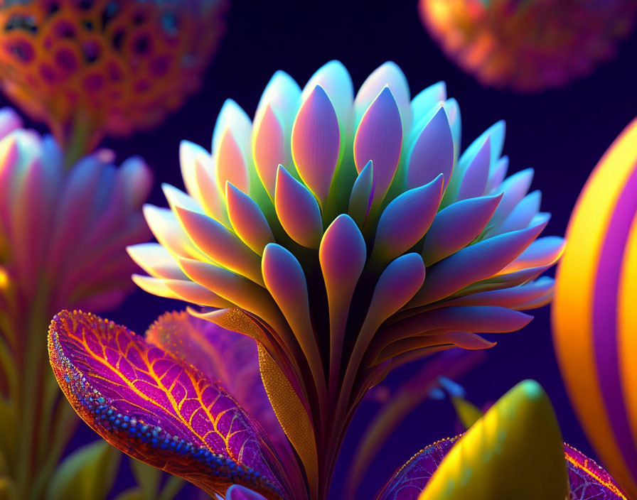 Colorful digital artwork: Stylized flower with blue and yellow petals on dark backdrop.