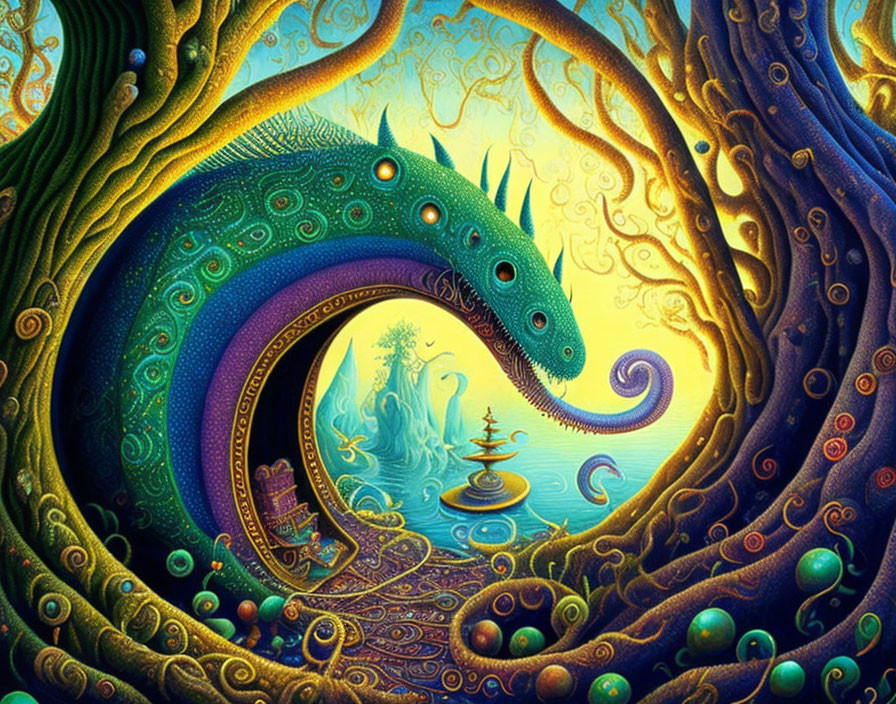 Colorful stylized dragon in fantastical landscape with whimsical trees.