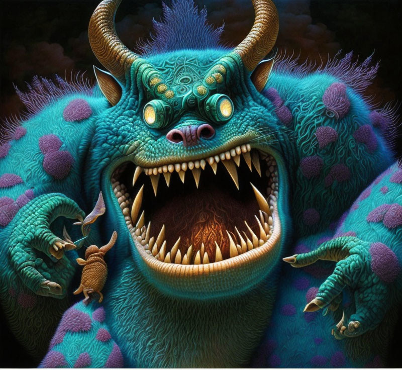 Colorful Stylized Fantastical Beast with Multiple Eyes and Horns