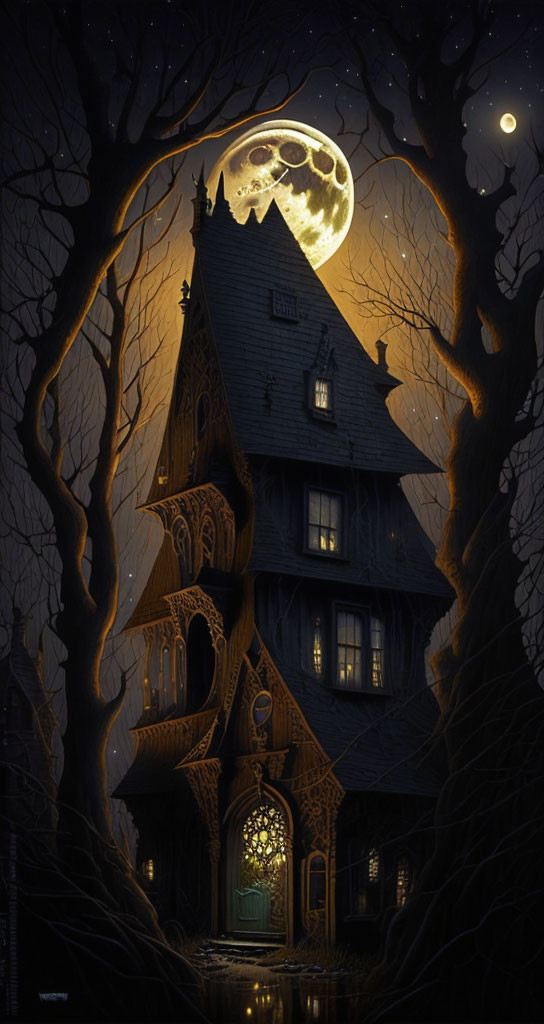 Mysterious Gothic House in Dark Forest at Night