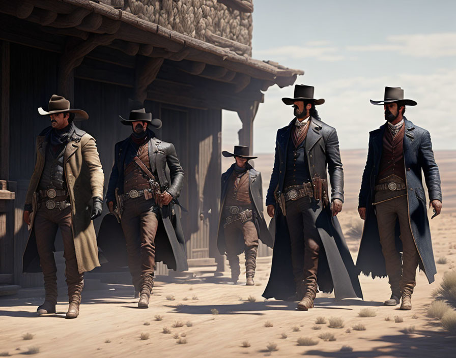 Four Men Dressed as Cowboys Walking Outside Wooden Building in Desert Environment