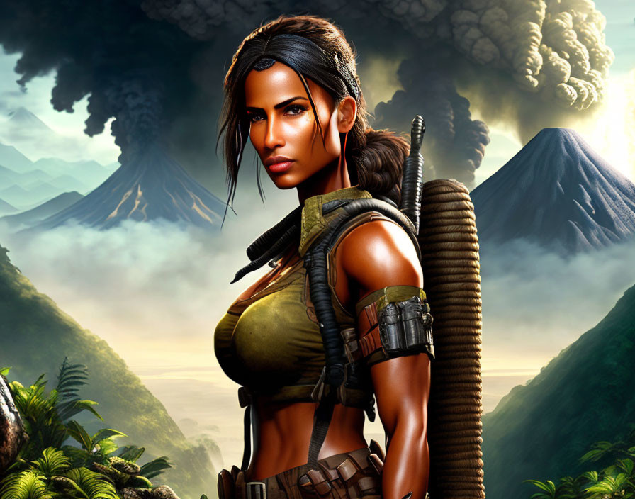 Female warrior with bow in front of smoking volcanoes and lush jungle