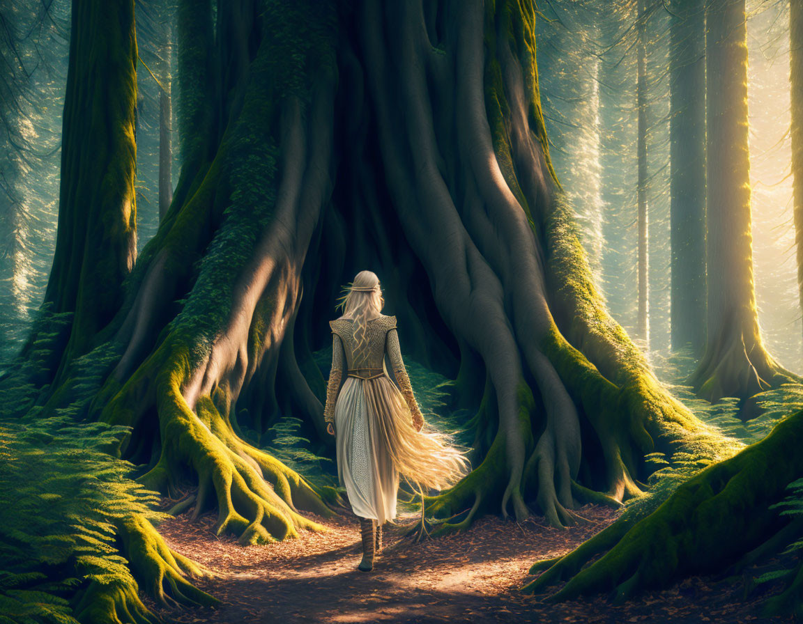 Person in White Standing Before Large Tree in Sunlit Forest