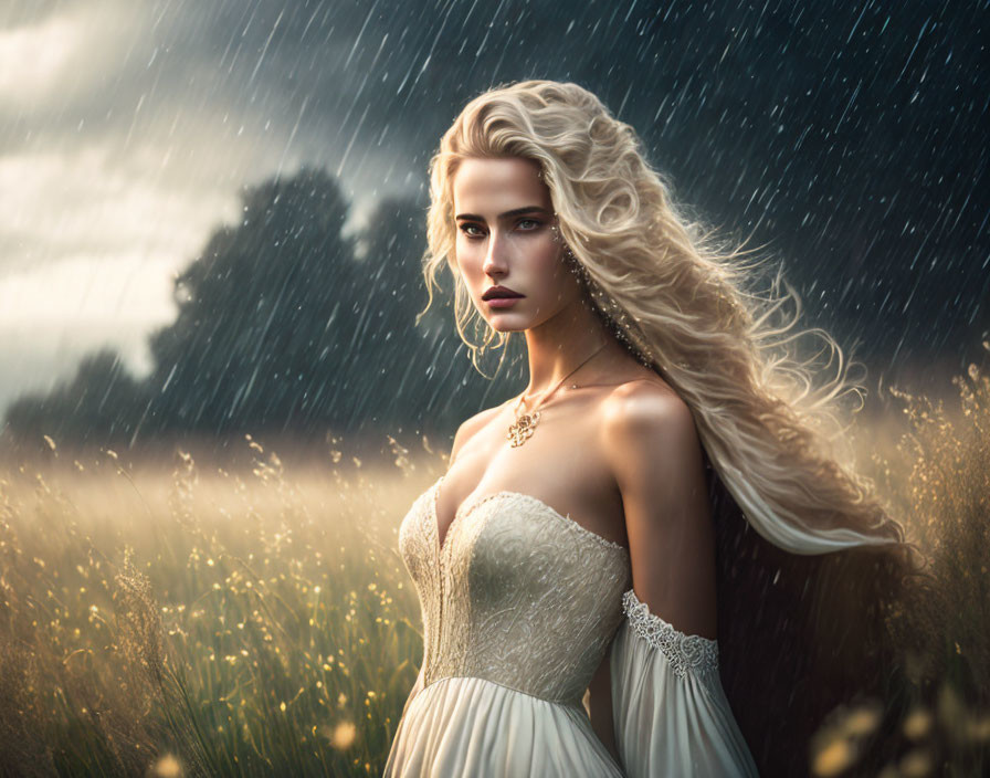 Blonde woman in white dress standing in rainy field