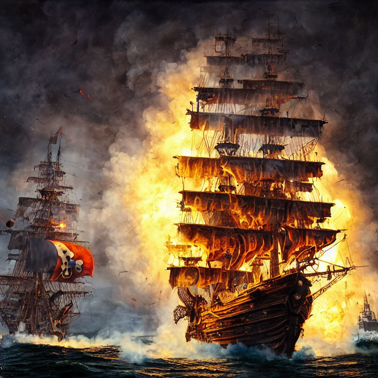 Tall ship on fire at sea with dark skies and turbulent waters