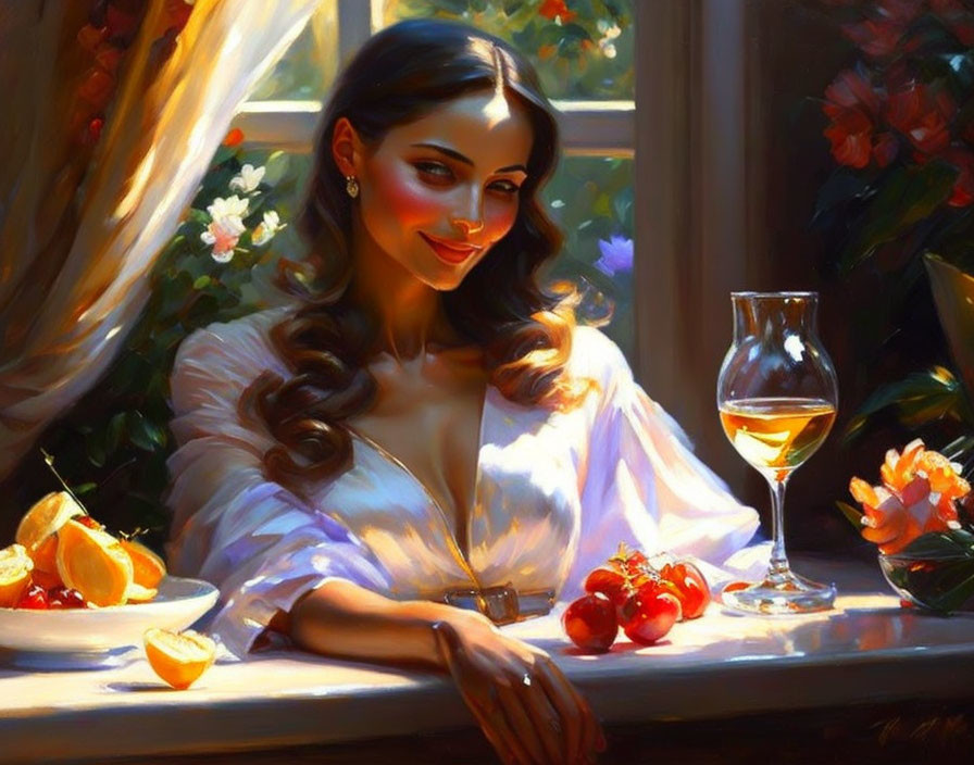 Serene woman at sunlit table with fruit and wine