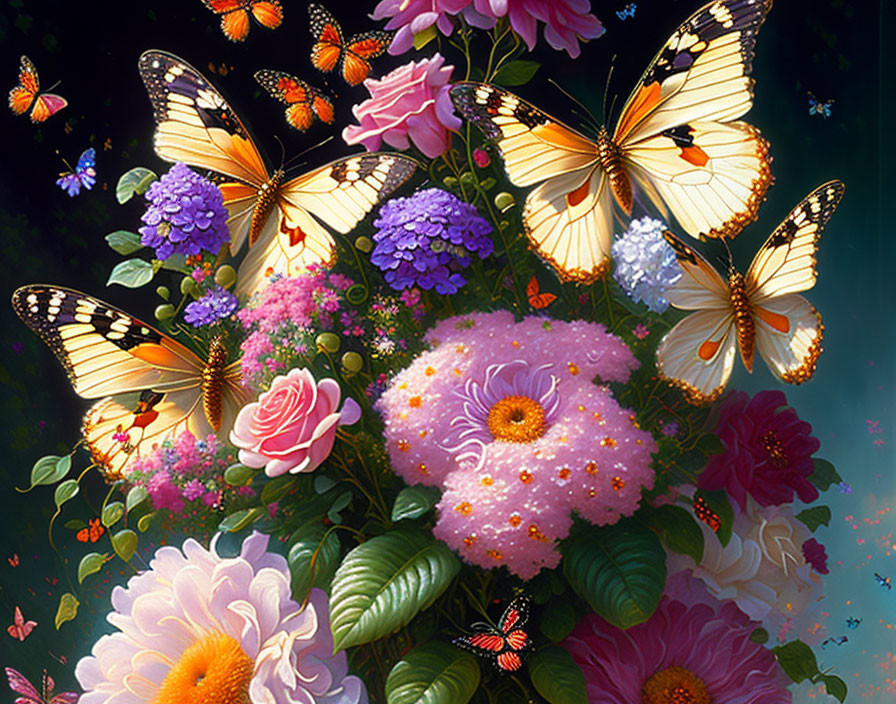 Colorful butterflies and flowers on dark background