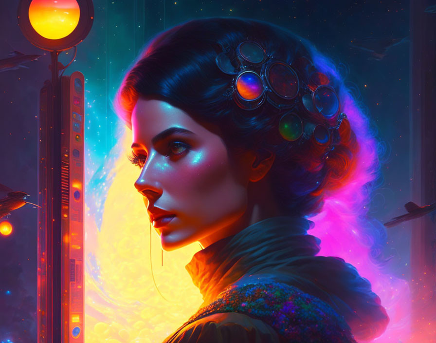 Futuristic portrait of a woman with neon lighting and sci-fi backdrop