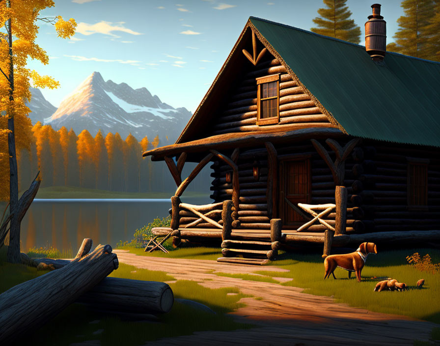 Tranquil lakeside scene with log cabin, trees, mountains, and dog