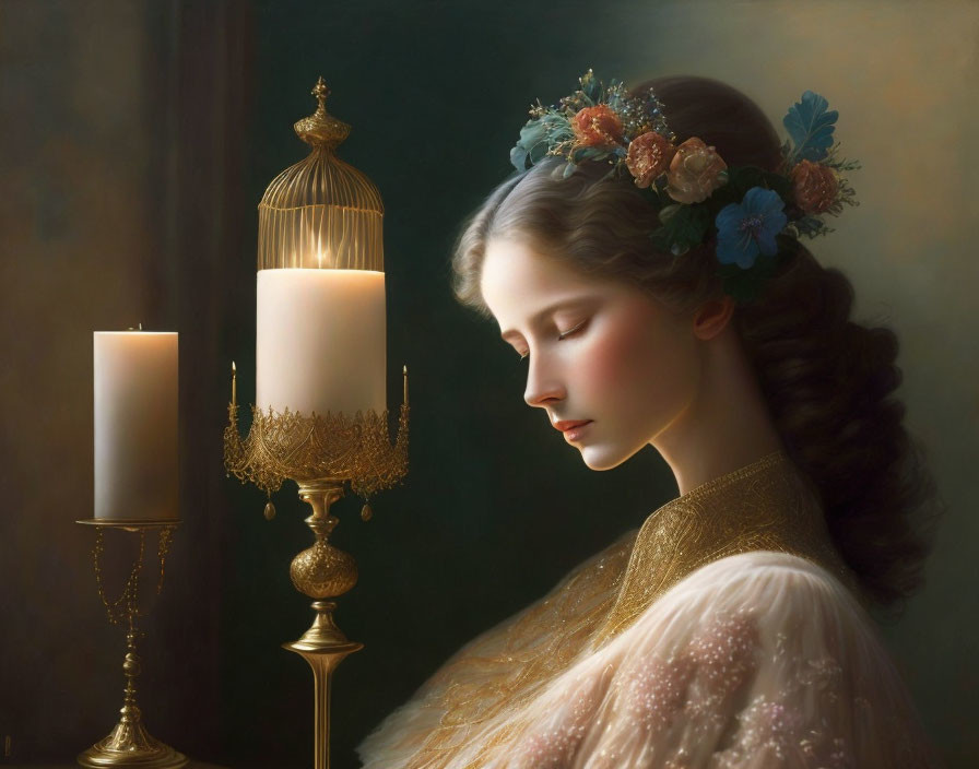 Serene woman with floral headpiece, candle, and birdcage.