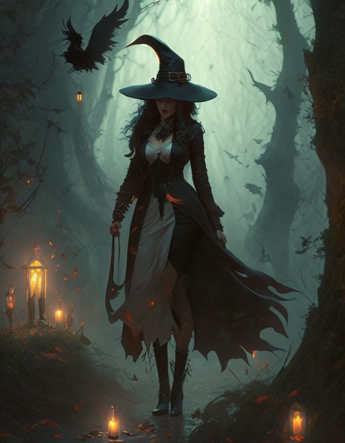 Mysterious witch in wide-brimmed hat in foggy forest with raven.