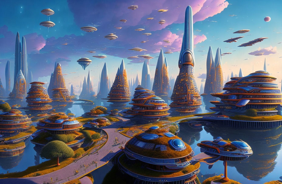 Futuristic cityscape with towering spires, floating structures, greenery, waterways, and