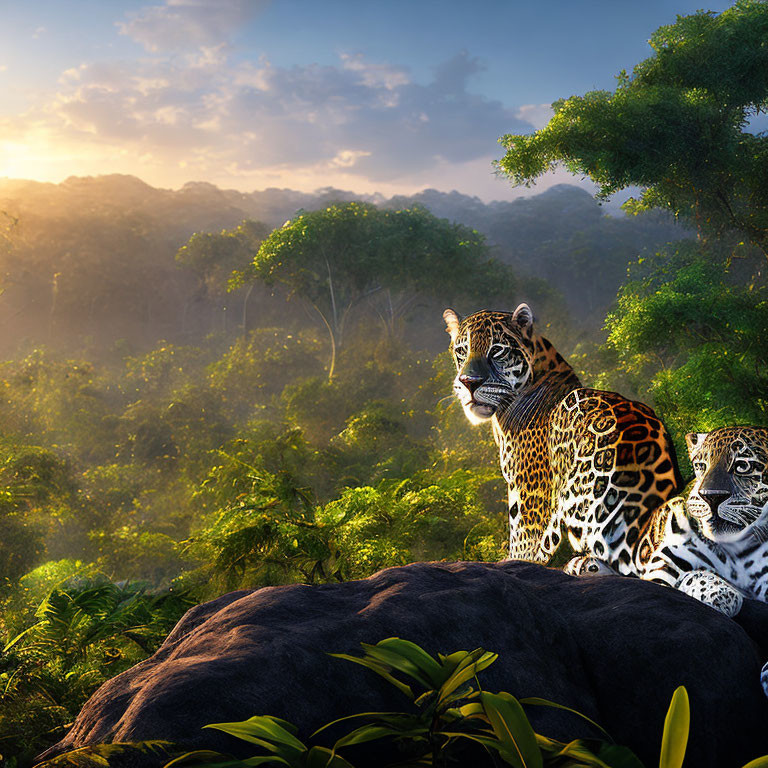 Jaguars resting on rock in lush jungle with sunlight rays