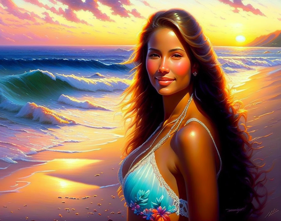 Smiling woman on beach at sunset with vivid colors