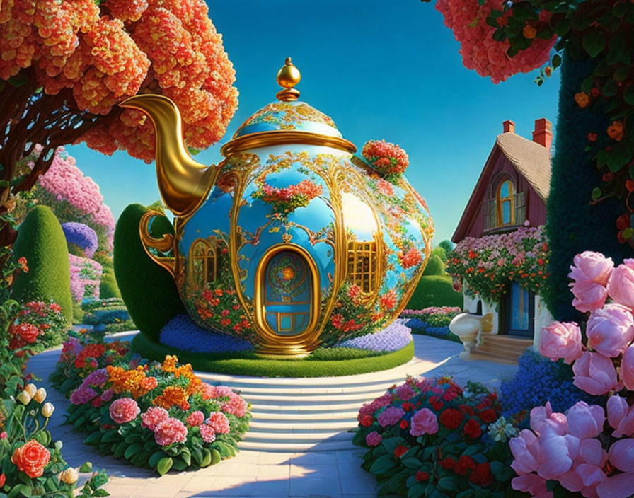 Golden teapot-shaped house in vibrant garden with lush greenery and blooming flowers