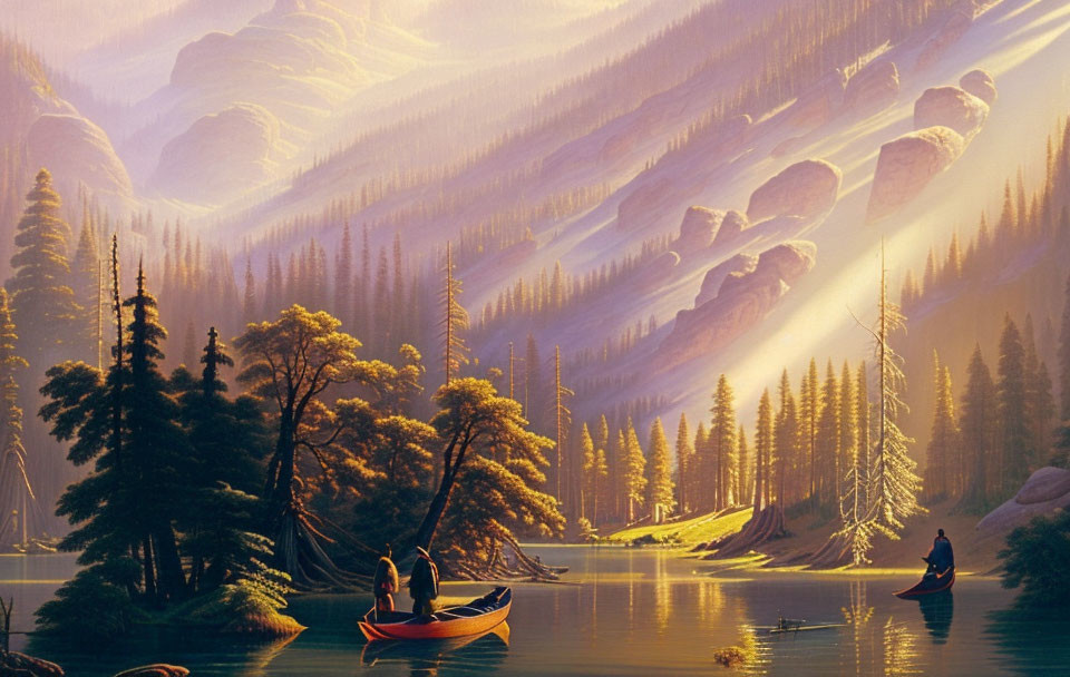 Calm lake scene with two people canoeing amid forest and mountains