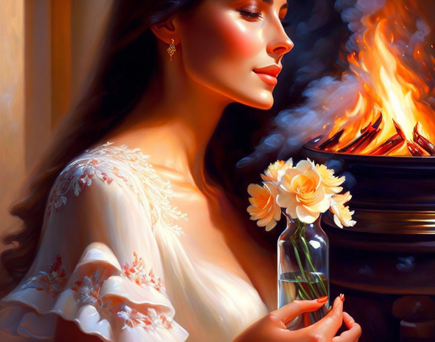 Serene woman holding vase by fireplace in warm colors