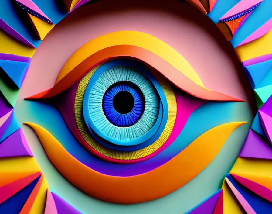 Multicolored 3D paper art eye with concentric layers of paper.