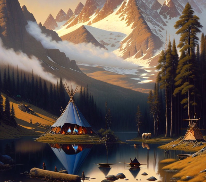 Teepees, canoes, horse, mountains, lake, pine trees at dusk