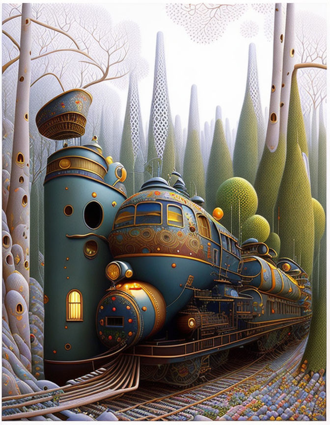 Colorful whimsical steam train in stylized forest landscape