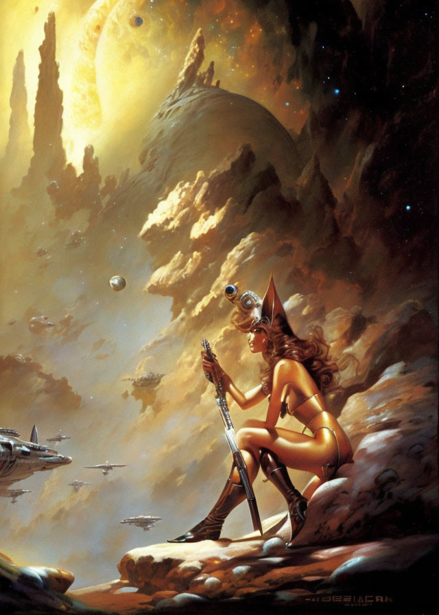 Armored female humanoid with staff in futuristic rocky terrain.