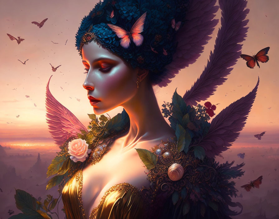 Mystical female figure with butterfly hair and feathered wings in sunset sky.