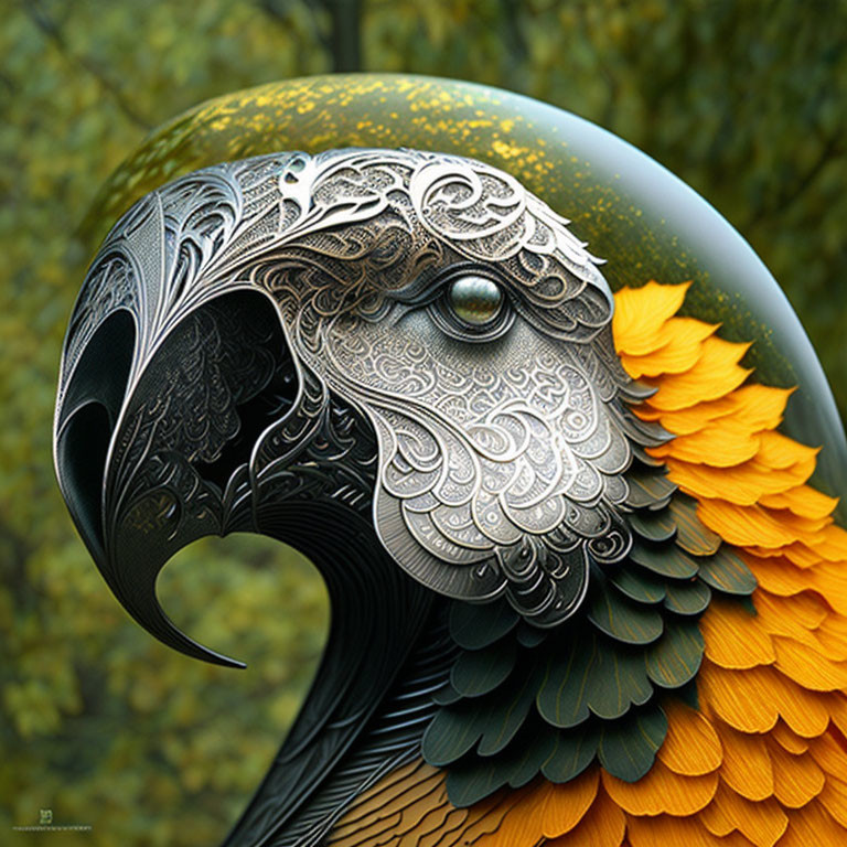 Detailed digital artwork: Bird with metallic patterns transitioning to realistic feathers.