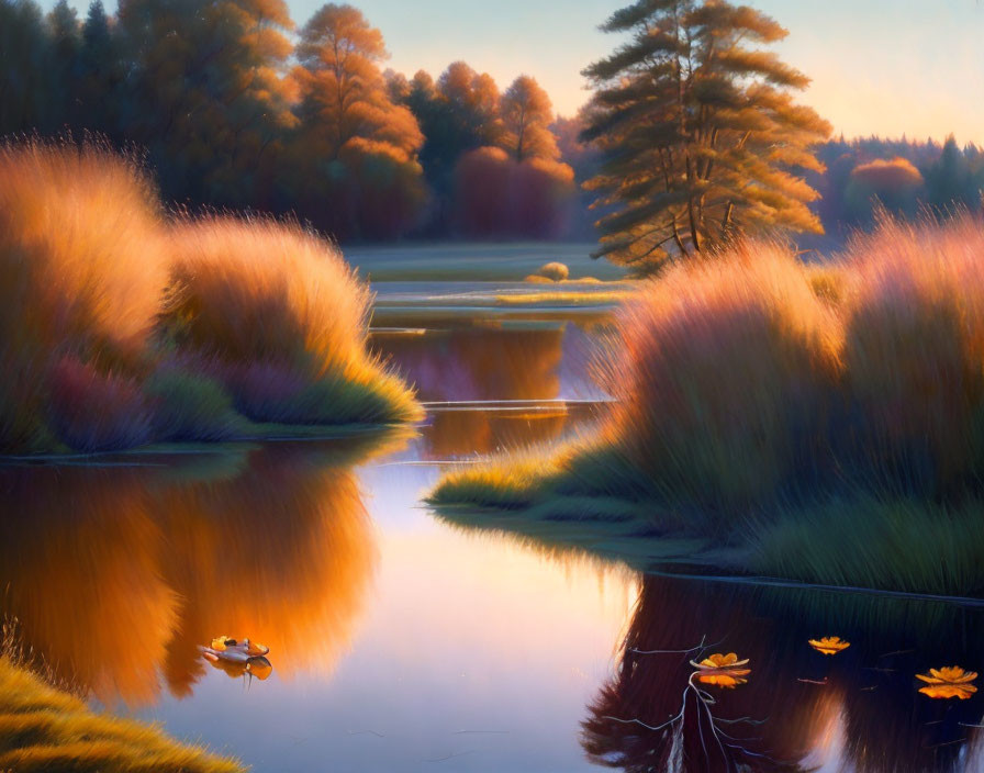 Autumn landscape with reflective water, trees in fall colors, and lush grasses.