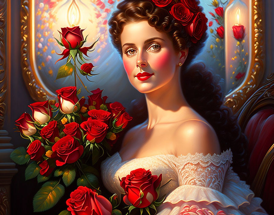 Digital Artwork: Woman with Dark Hair Among Red Roses