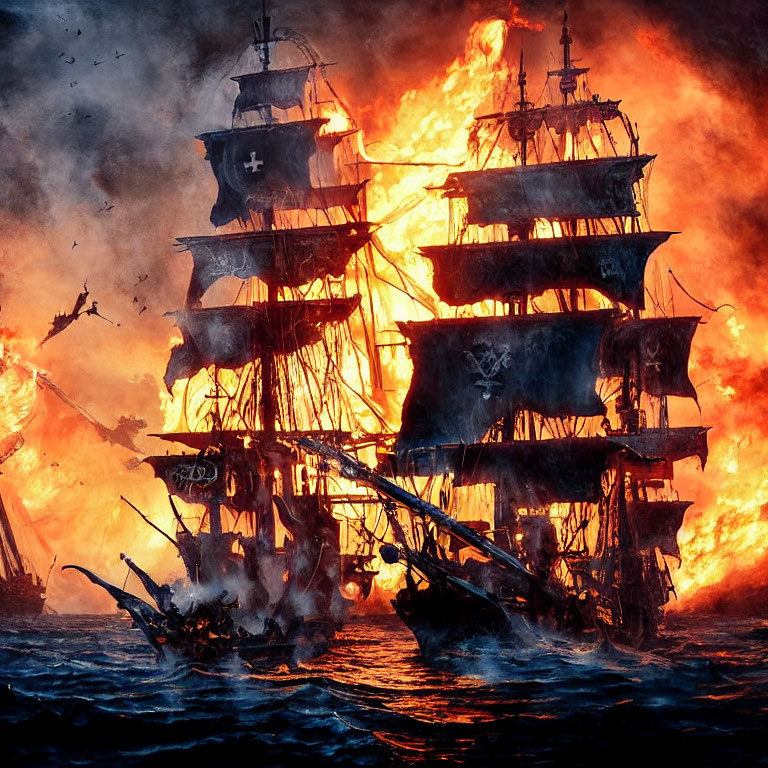 Dramatic battle scene: large ships on fire at sea